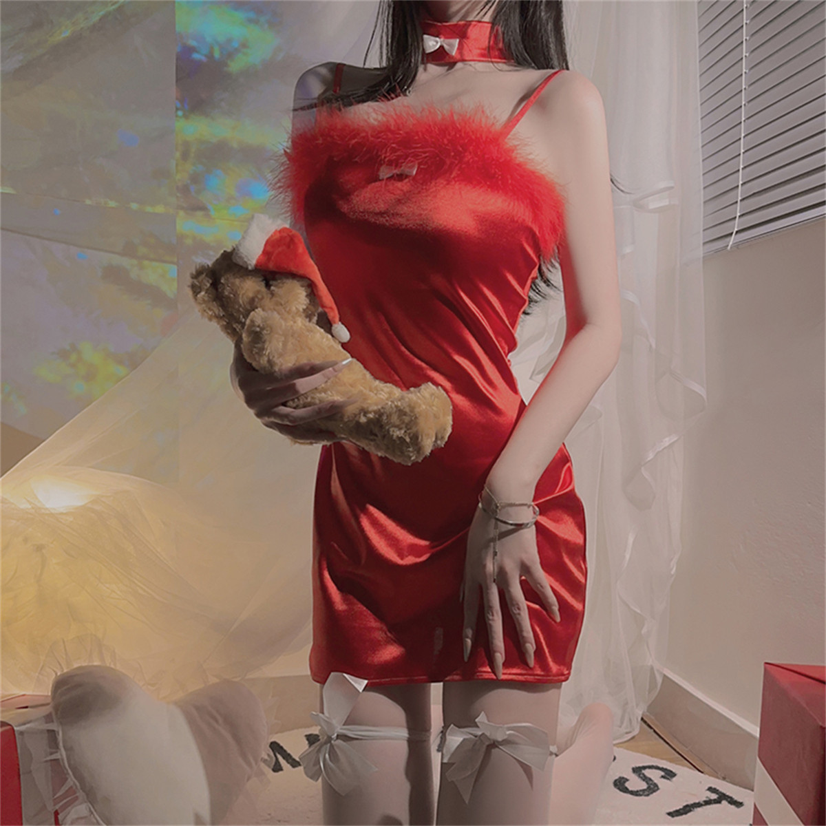 cutie:做你的猫性感露背毛绒装饰简约修身显瘦圣诞制服睡衣套装女,淘宝优惠券,粉丝福利购,淘宝优惠卷