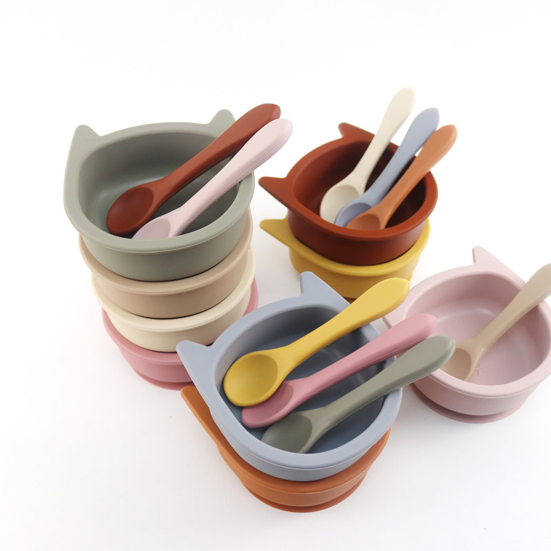 儿童餐盘安全硅胶防摔卡通猫耳朵宝宝辅食碗勺婴儿餐具套装,淘宝优惠券,粉丝福利购,淘宝优惠卷