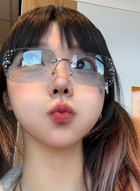 美国涩谷风Y2K辣妹无框镶钻墨镜