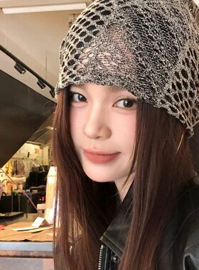 小众镂空网格包头帽女夏季透气显脸小百搭设计感薄款编织堆堆帽