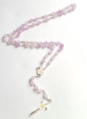 热销孔雀蓝仿石十字架念珠项链