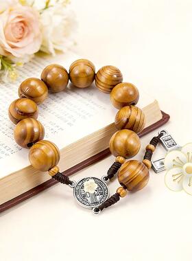 天然木制手工编织十字架念珠手链