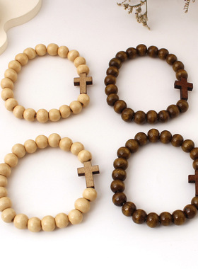 男士黑色木珠十字吊坠手链