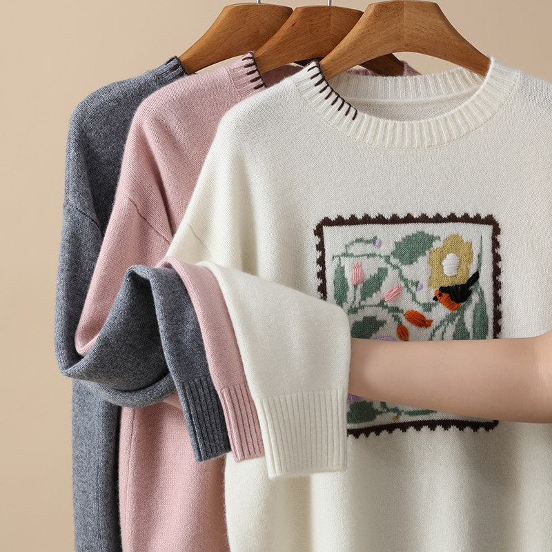大师手绣花鸟画～新款秋冬100%纯山羊绒女圆领宽松加厚毛衣,淘宝优惠券,粉丝福利购,淘宝优惠卷