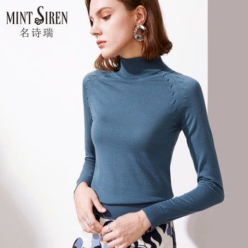 MintSiren Spring and Autumn New 100% Pure Wool Sweater Slim Fit Bottoming Shirt Thin Style Ladies High Collar Long Sleeves