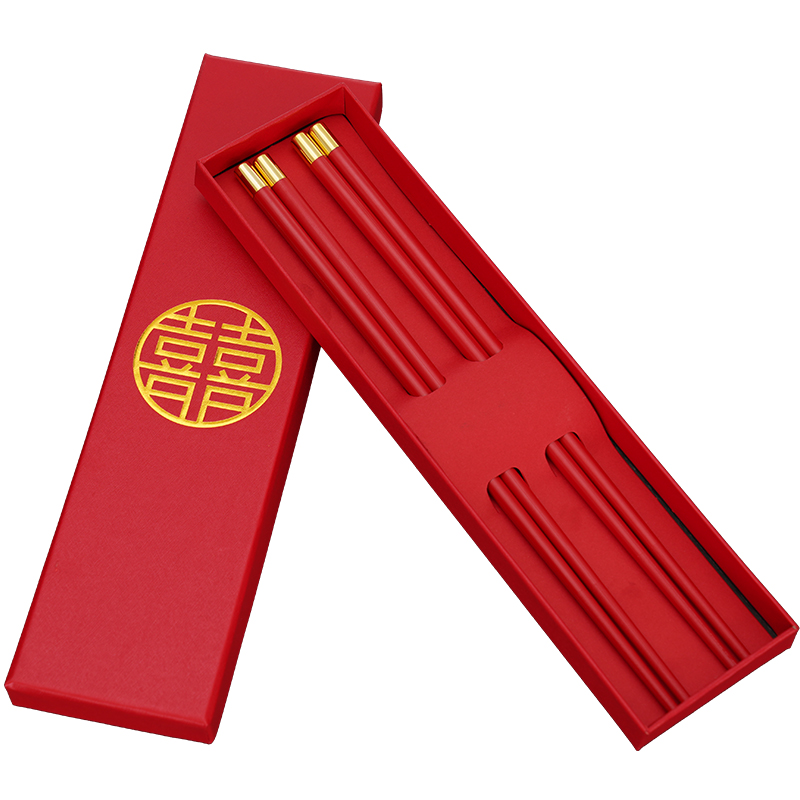 中式喜筷子红色合金防滑礼盒装订婚结婚礼宴喜庆陪嫁用品家用餐具-图3