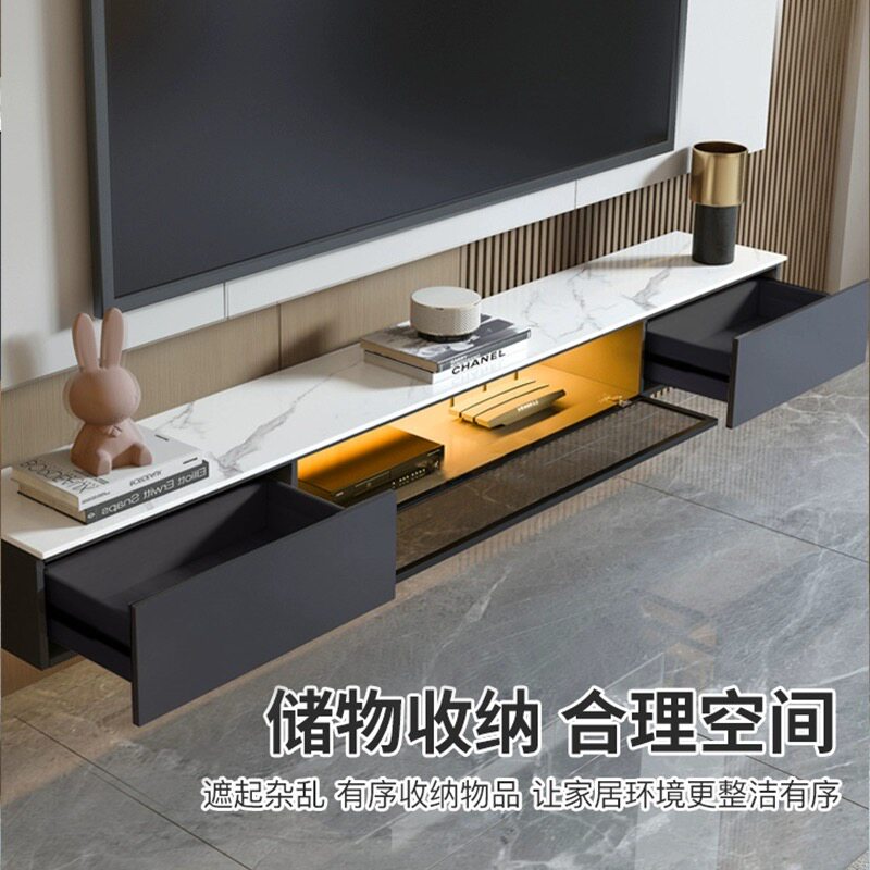 包安装客厅悬浮岩板电视柜玻璃门路由器机顶盒储柜家用悬空挂意式