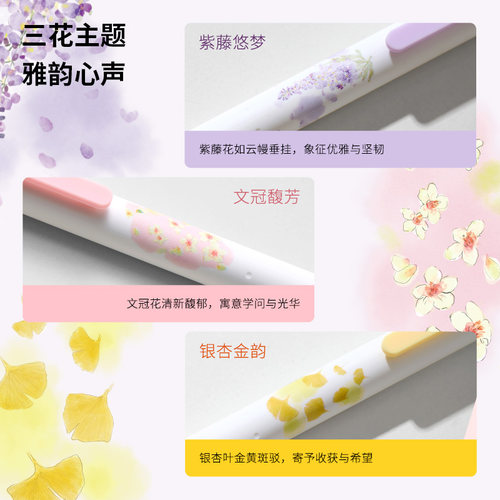 KACO菁点花绽锦途按动式中性笔3支套装孔庙国子监博物馆联名0.5黑芯国风文具学生大容量刷题速干双珠笔头水笔 - 图1