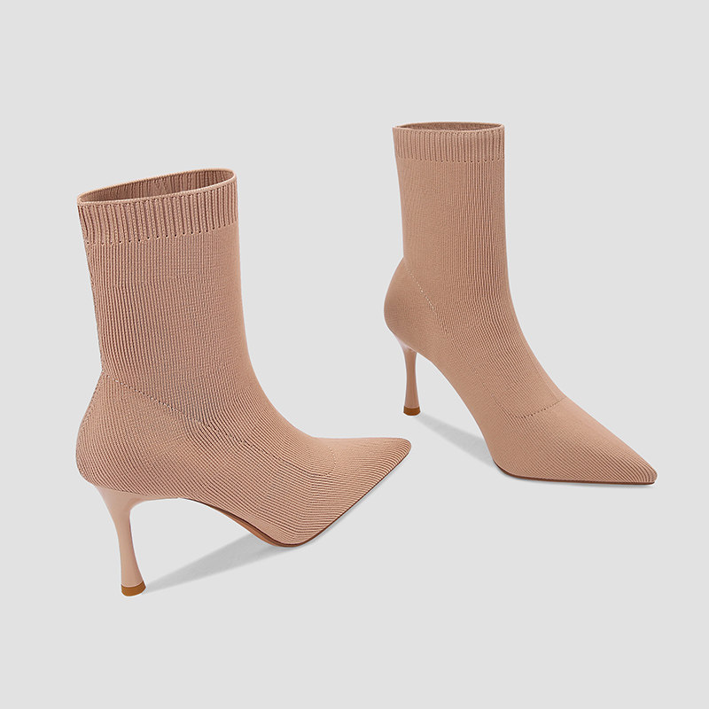 裸色针织短靴女高跟鞋中筒瘦瘦靴尖头细跟套筒单靴女黑色酒杯跟鞋,淘宝优惠券,粉丝福利购,淘宝优惠卷
