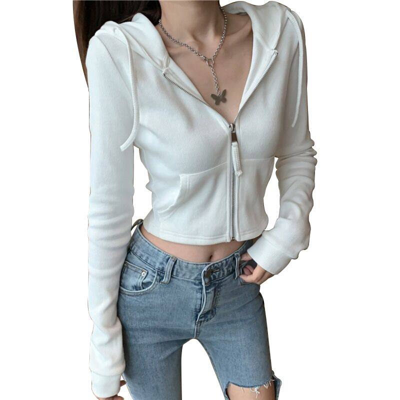 2021秋装性感显瘦开衫拉链连帽卫衣 安蒂芙短外套