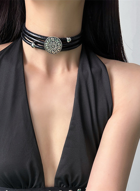 美式复古金属圆盘花朵多层项链