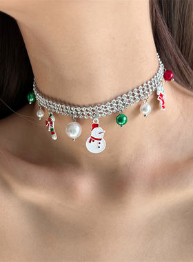 白色雪人珍珠锆石choker项链
