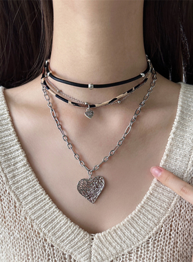 辣妹y2k多层叠戴豹纹爱心项链
