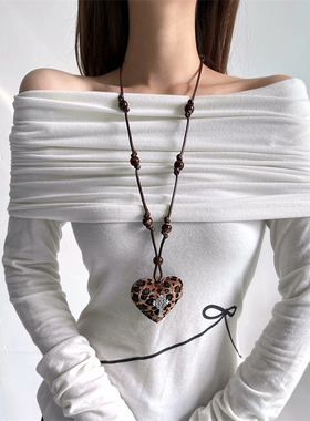 复古辣妹风豹纹爱心十字架毛衣链