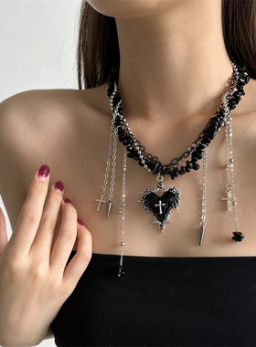 哥特风个性红色碎石链条爱心项链