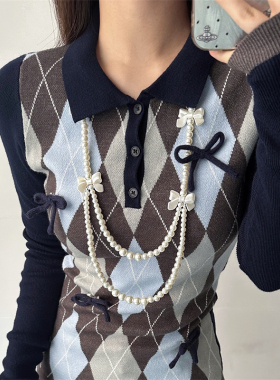 奢华重工长款珍珠蝴蝶结项链