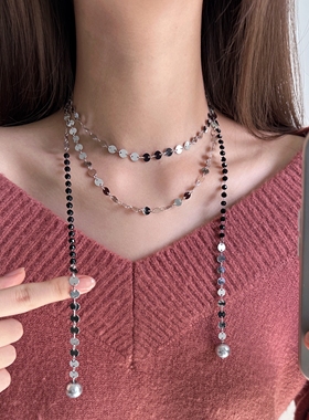 欧美轻奢风长款珍珠亮片流苏项链