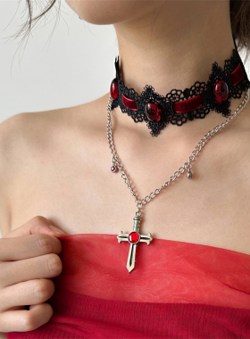 暗黑辣妹风y2k蕾丝绒布水晶项链