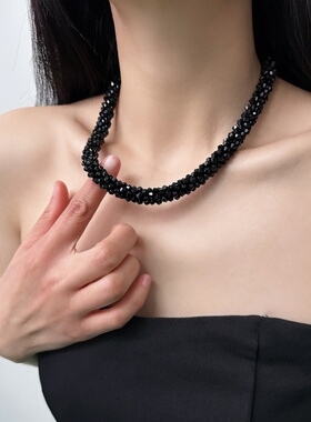 多层暗黑风黑水晶串珠项链