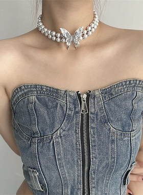 法式双层珍珠蝴蝶项链女颈链