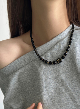 欧美哥特风黑曜石拼接串珠项链