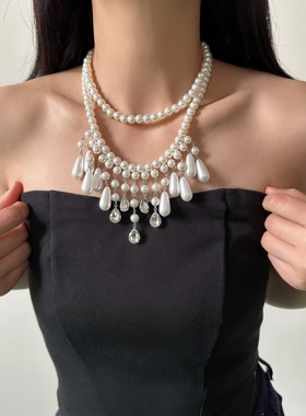 法式重工多层珍珠水滴锆石项链