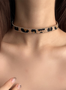 复古辣妹豹纹choker纽扣项圈