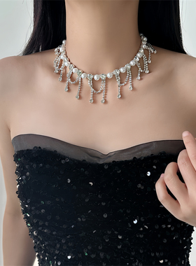 超闪法式珍珠锆石流苏choker项链