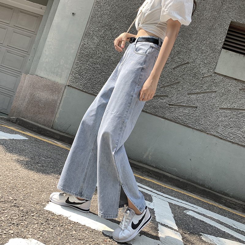 haoall旗舰店泫雅风高腰牛仔阔腿裤女开叉夏季薄款宽松小个子垂感拖地直筒裤子0