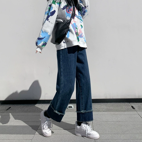 Джинсы, осенние штаны, высокая талия, 2024 года, подходит для подростков, свободный прямой крой