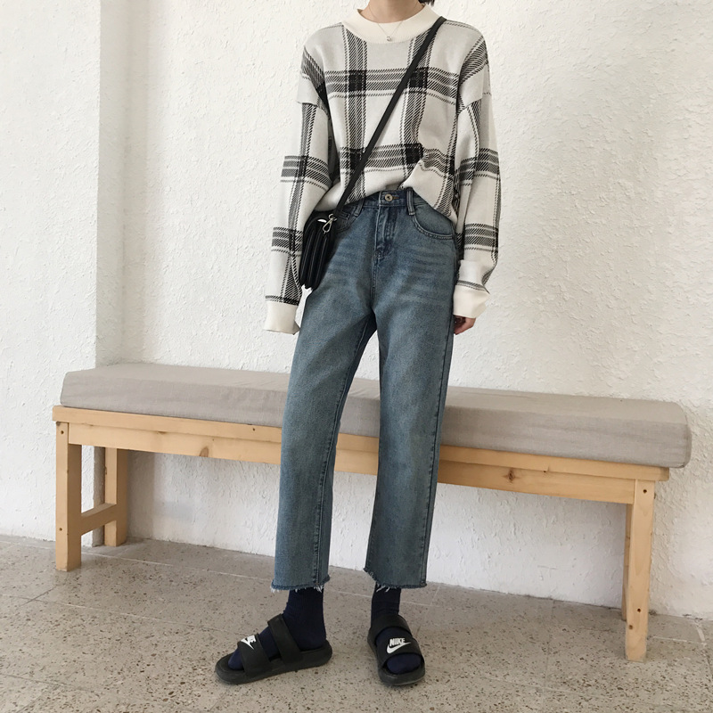 haoall旗舰店八分直筒牛仔裤女春夏新款高腰显瘦百搭宽松阔腿九分烟管裤子2