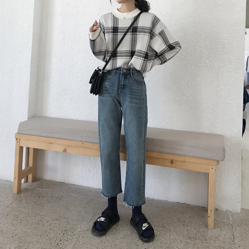 haoall旗舰店八分直筒牛仔裤女春夏新款高腰显瘦百搭宽松阔腿九分烟管裤子1