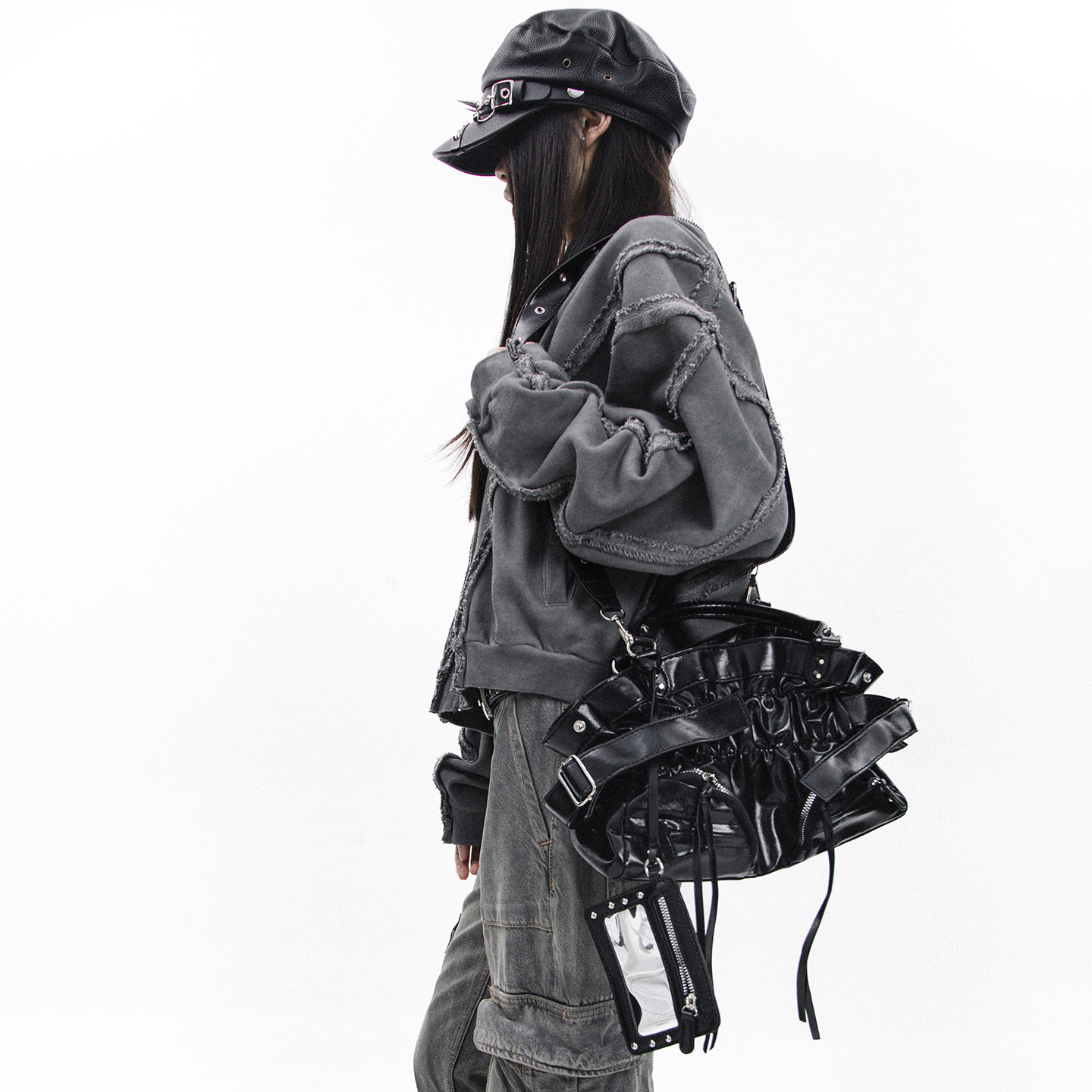 WCH巴黎平替辣妹朋克机车风流苏褶皱皮绑带铆钉手提包单肩挎包ins,淘宝优惠券,粉丝福利购,淘宝优惠卷