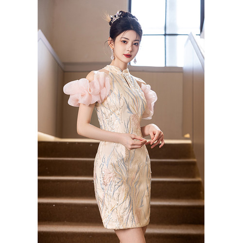 短款挂脖小晚礼服裙女宴会高端轻奢时尚气质生日成人礼法式连衣裙 - 图0