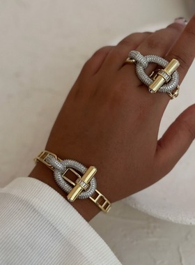 跨境新款横杆ot系列戒指手镯套装猪鼻子轻奢铜镶锆石手镯戒指女