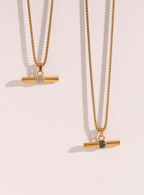 欧美ins时尚简约小众个性项坠饰品 不锈钢镀18K微镶T-Bar吊坠项链