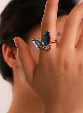 复古欧美蓝紫色滴油镶钻蝴蝶戒指女轻奢不锈钢镀18k金戒指女