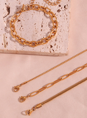 欧美时尚个性简约钛钢素链手饰不锈钢镀18K金S链盒子链链条手链女