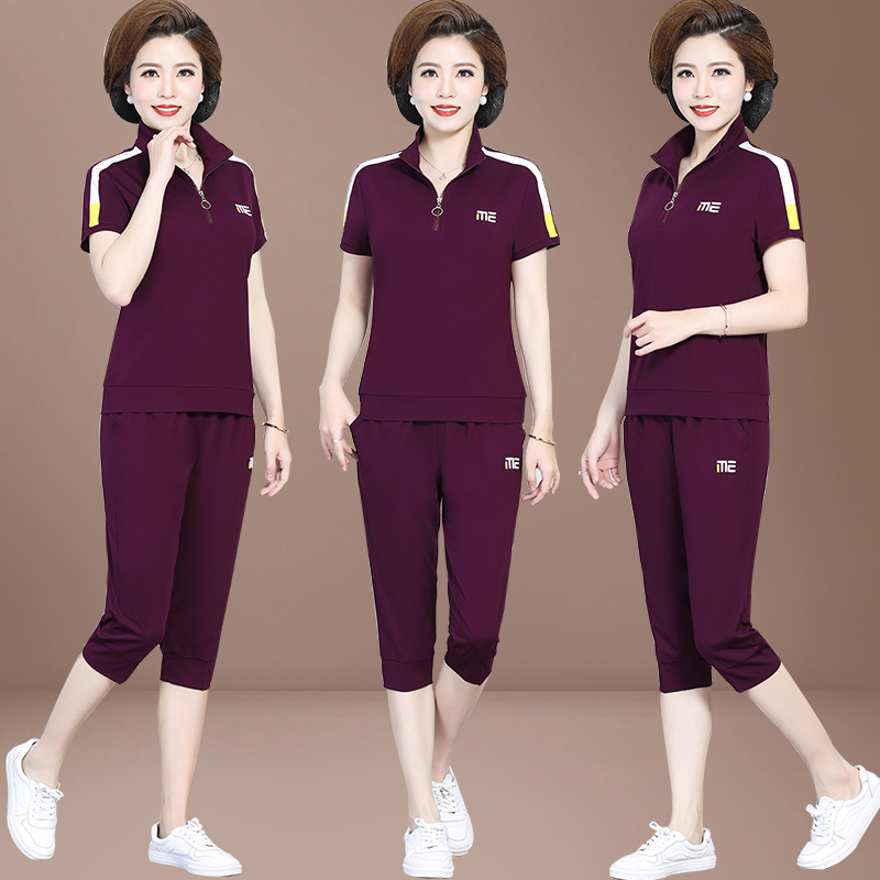 妈妈夏装 恤上衣中老年运动套装女中年人洋气夏天短袖短裤两件套 T 妈妈夏装 恤上衣中老年运动套装女中年人洋气夏天短袖短裤两件套 T