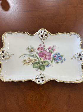 Rosenthal 卢臣泰 德国老瓷器 纹饰描金首饰盘 镂空长方赏盘摆件
