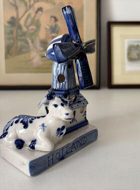 Delft 荷兰代尔夫特 手绘奶牛风车小摆件 旅游纪念收藏 青花瓷器