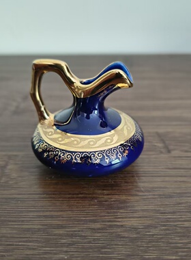 Limoges 利摩日 法国中古钴蓝描金蕾丝纹理迷你小瓷壶 装饰摆件