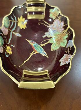 Carlton Ware 卡尔顿瓷厂 英国古董重鎏金 手绘金花鸟双耳收藏盘