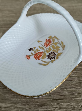 Spode 斯波德 英国中古收藏摆件瓷小花篮 纹饰描金小瓷蓝装饰碟