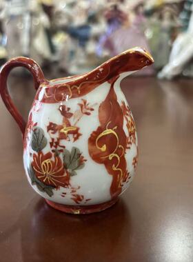日本中古收藏瓷器 九谷赤绘手绘花卉水壶 小瓷壶摆件 迷你奶壶