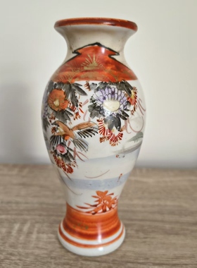 日本 九谷烧 手绘花鸟瓷瓶摆件 赤绘描金小花瓶 早期柴烧老瓷器
