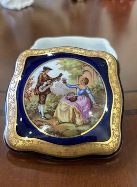 Limoges 利摩日法国 西洋人物钴蓝鎏金首饰盒 稀有复古瓷盖罐摆件