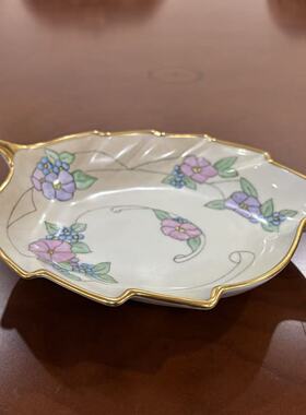 Victoria 欧洲捷克老瓷盘 鎏金手绘花卉盘叶形装饰碟 点心碟 特价