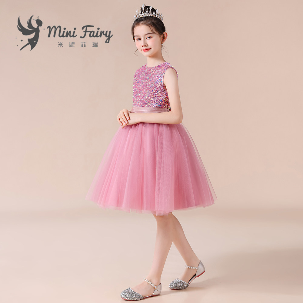 女童钢琴演出服主持人比赛小女孩花童公主裙粉色亮片短款新蓬蓬裙,淘宝优惠券,粉丝福利购,淘宝优惠卷