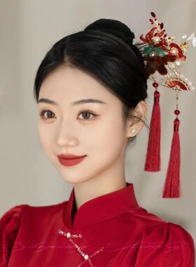 红色绒花中式秀禾头饰新娘民族风